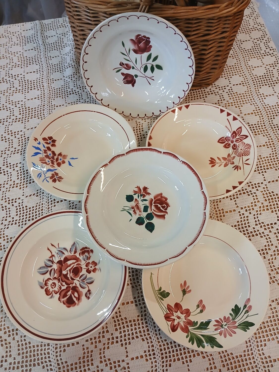 6 mismatched antique soup plates