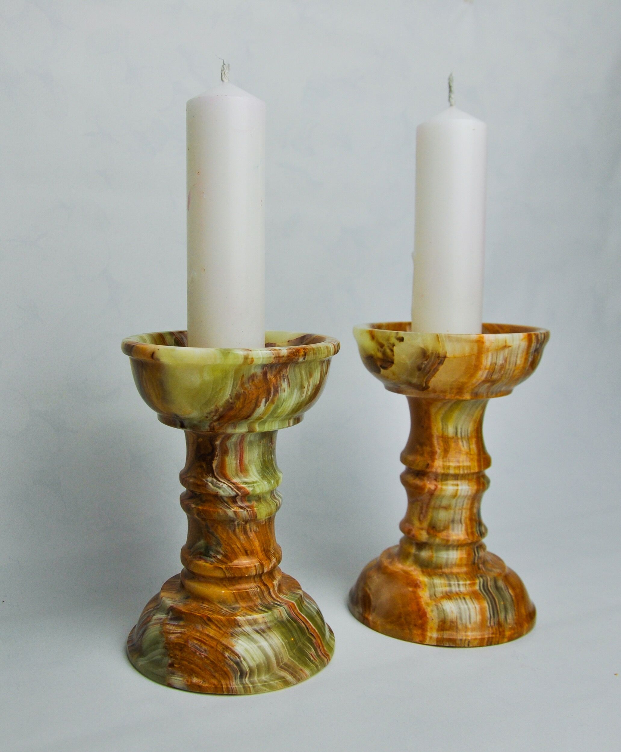 Pair of onyx and brass candle holders, Italy, 1980