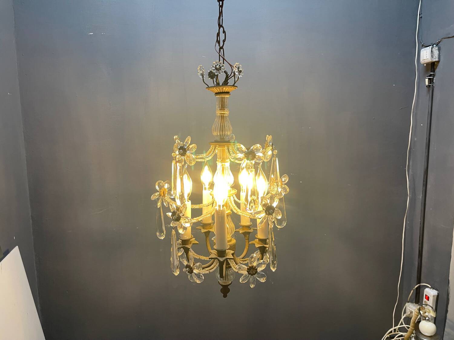 Crystal Beaded Bronze Flower Chandelier 1950s