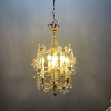 Crystal Beaded Bronze Flower Chandelier 1950s