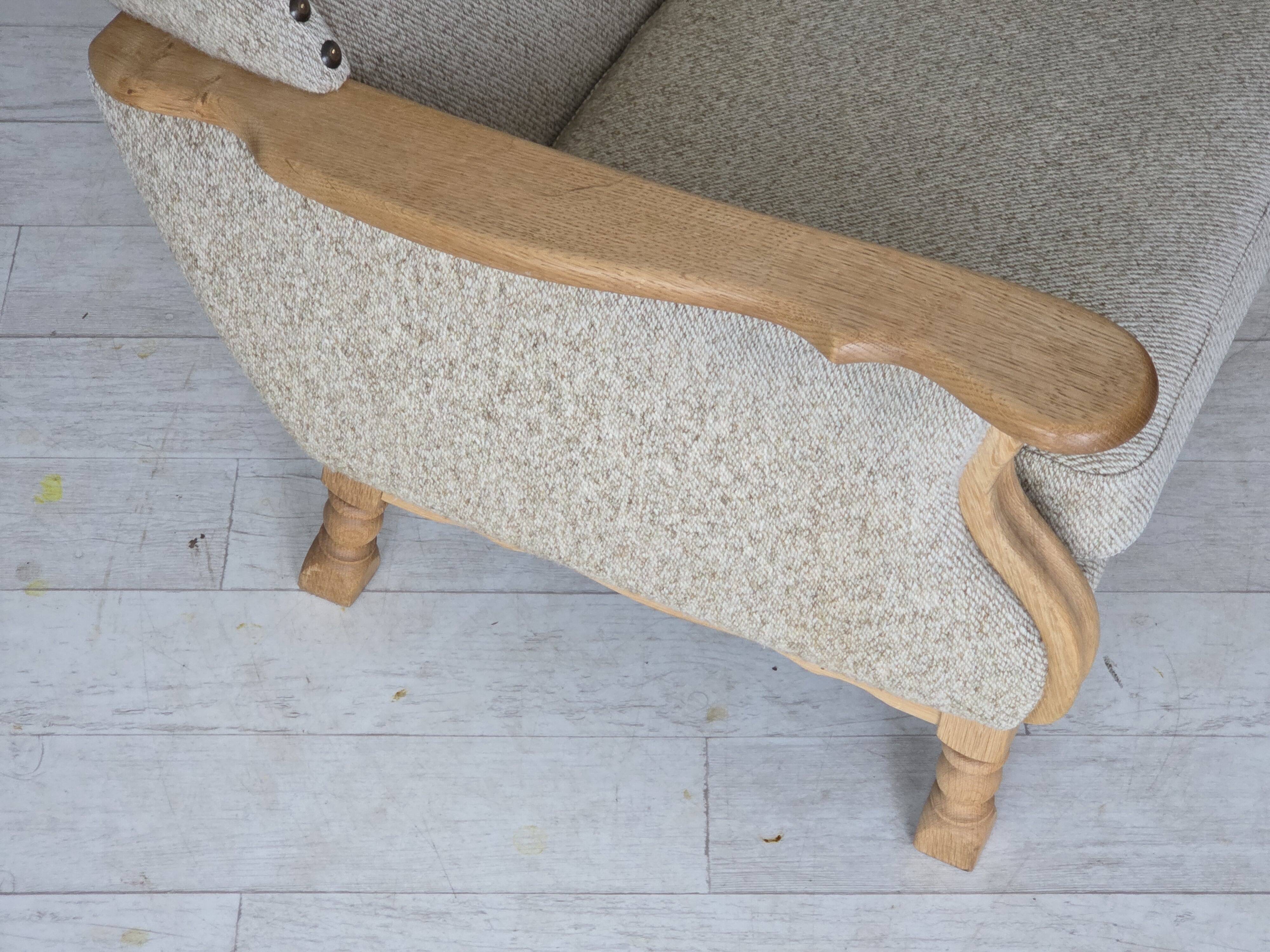 1970s, Danish highback armchair, furniture wool, solid oak wood.