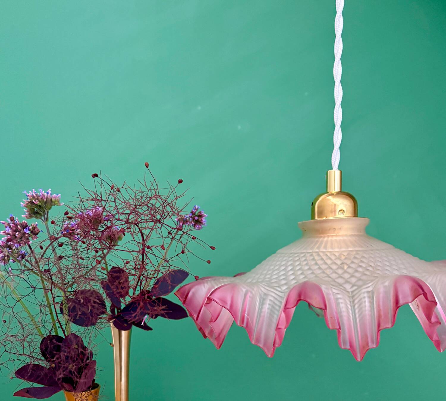 Vintage frosted glass pendant lampshade, half pink, half transparent