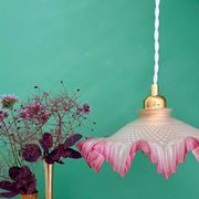 Vintage frosted glass pendant lampshade, half pink, half transparent