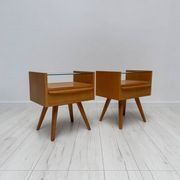 1960s vintage pair of mid-century walnut nightstands with glass shelves
