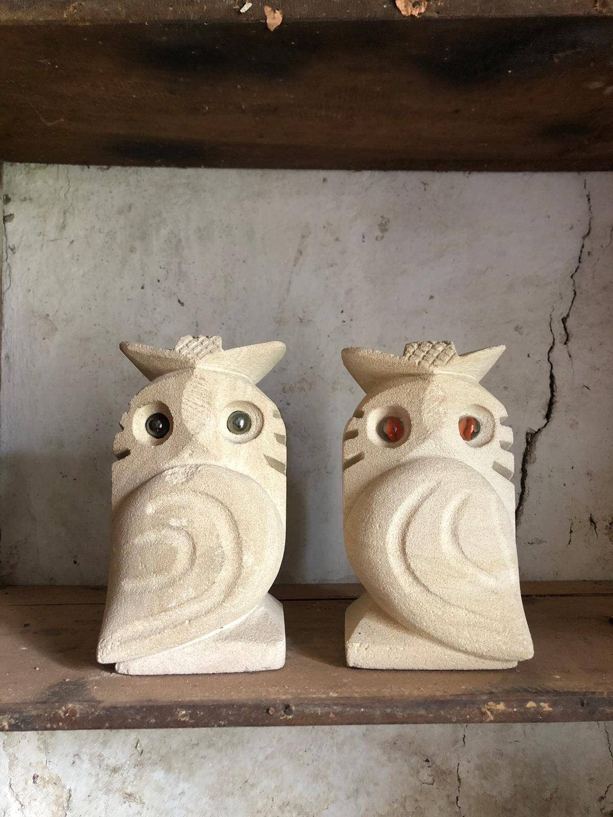 Pair of stone owl sculptures, vintage owl, owl lamp signed