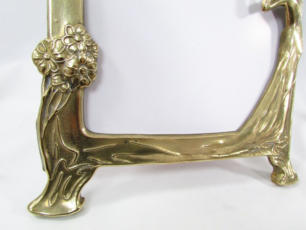 Tilting table mirror and art nouveau photo holder in bronze