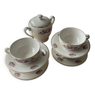 Coffee service - Digoin - Opaque Genuine Sarreguemines - Flowers Golden border