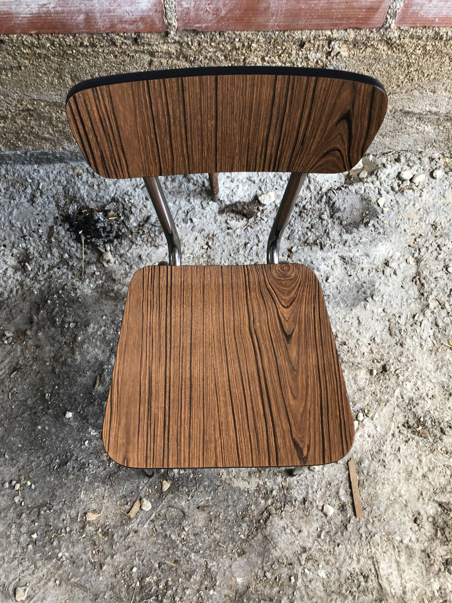 Old chair kitchen formica brown wood + feet compass metal chrome vintage