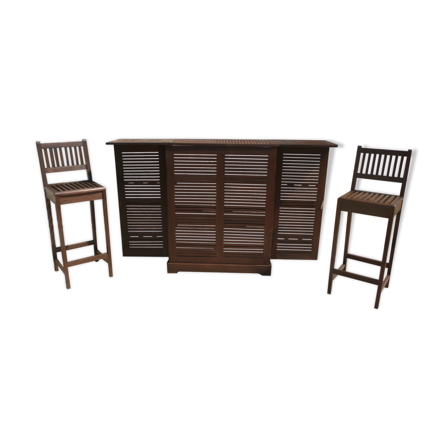 Foldable teak bar and two bar stools