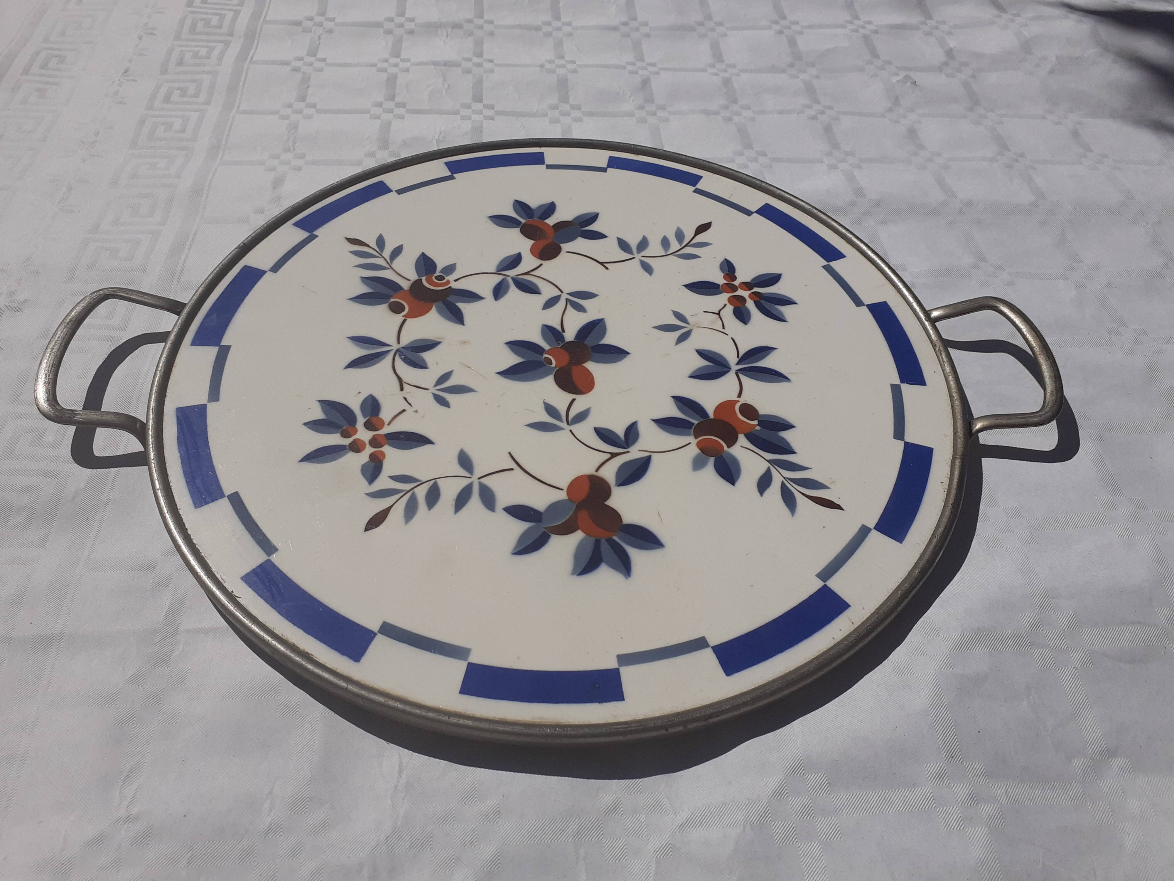 Earthenware serving tray decorated with stylized cherries