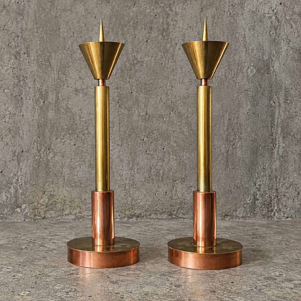4 x Large / weighty postmodern candles / 1970s / two heights 60 - 70 cm / copper - brass