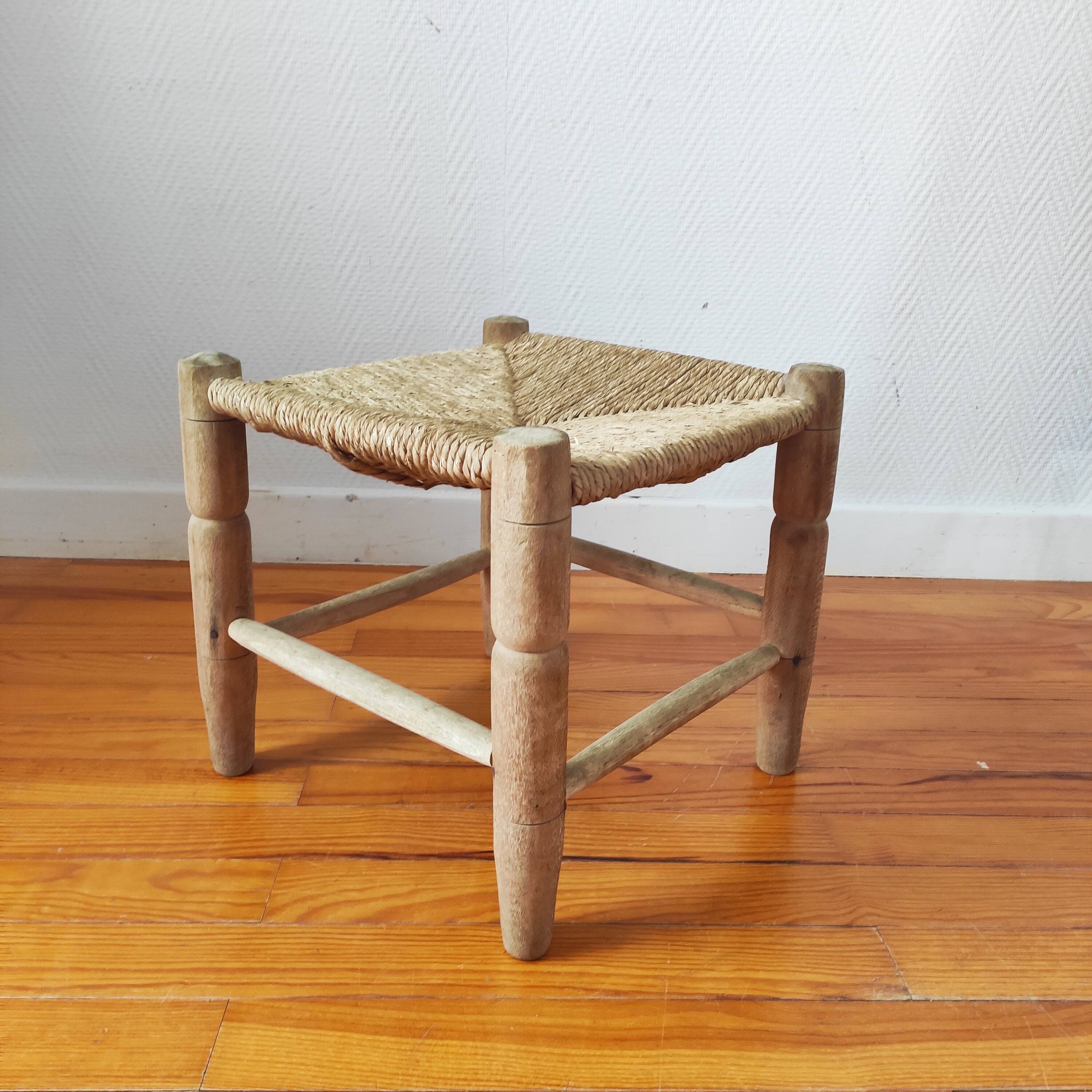 Vintage low stool 60s straw seat