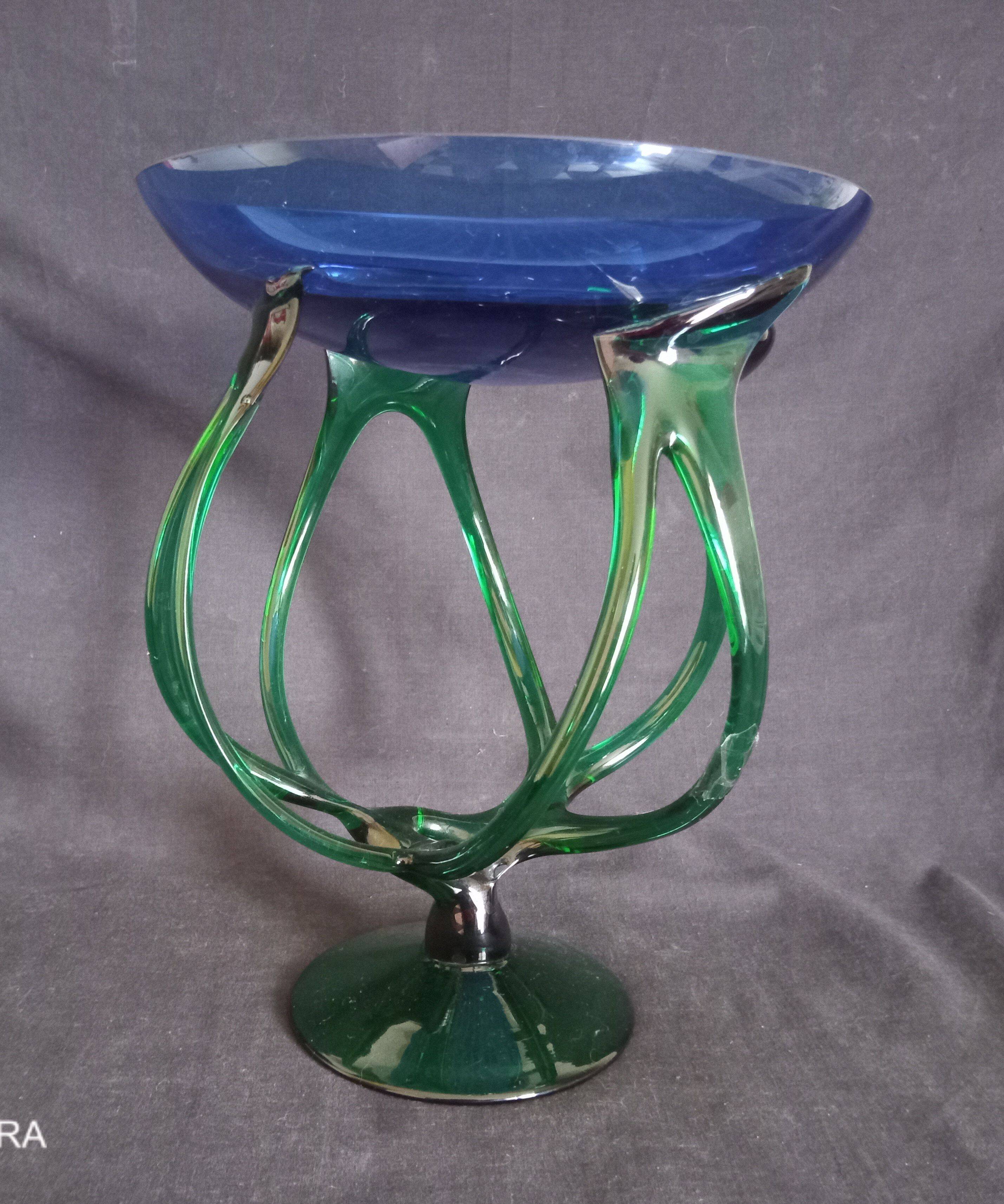 Bowl, centerpiece on twisted blue and green glass legs