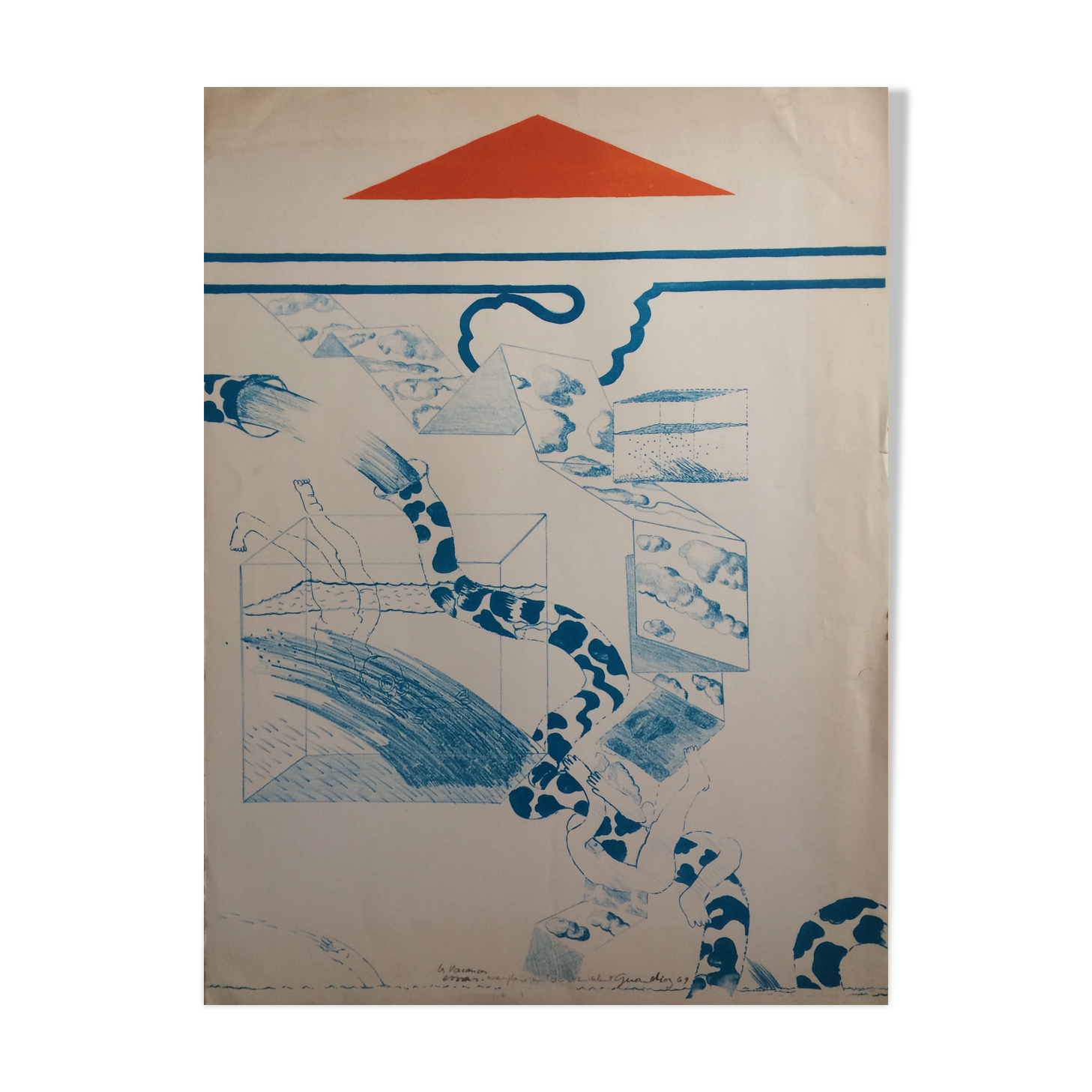 Original lithograph signed by Gérald Diaz, dit GÉRARDIAZ, Les vacances (essays), 1969