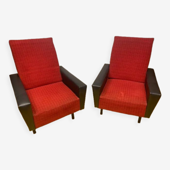 Paire de fauteuils, années 50-60, noir & rouge