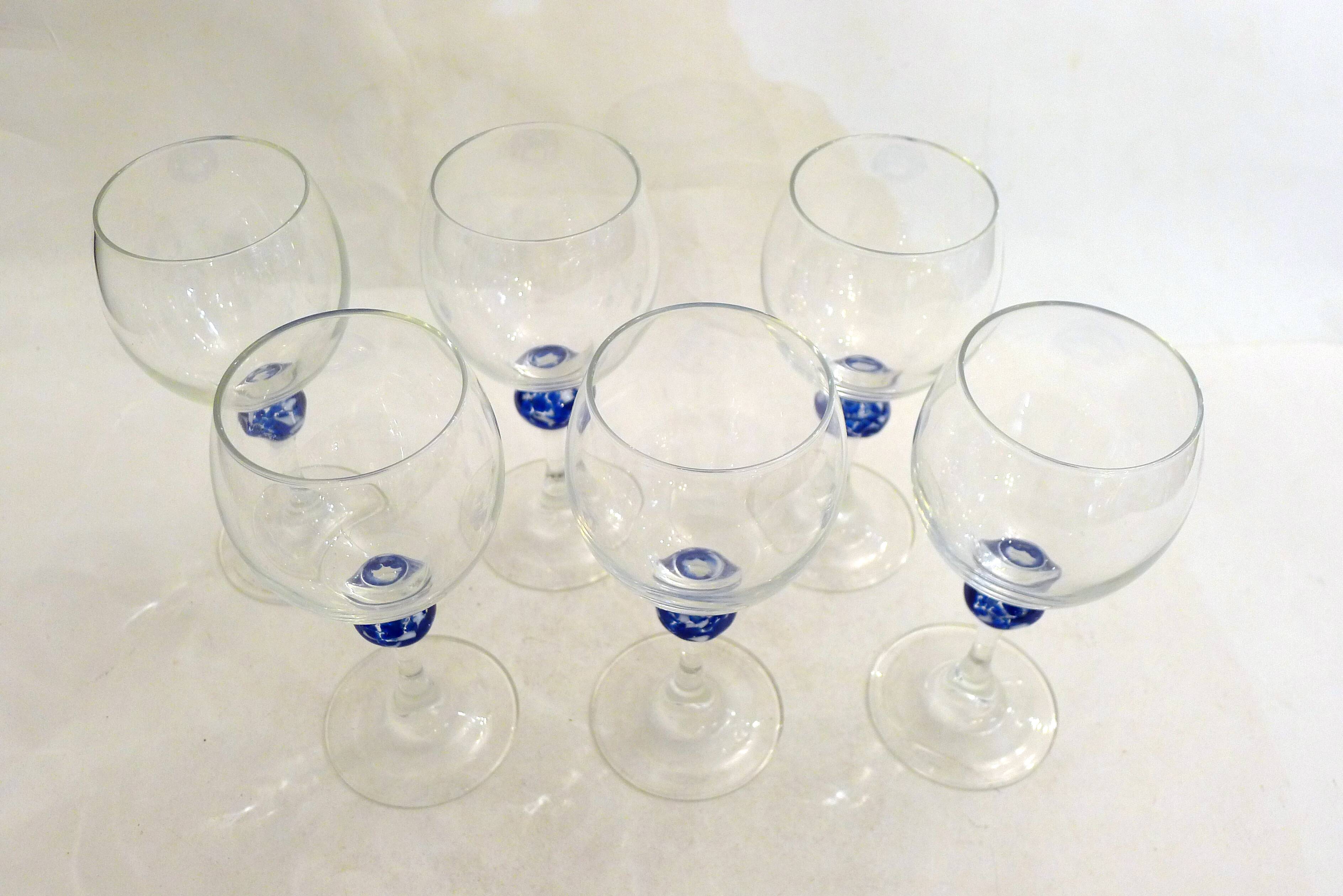 Set of 6 blue ball wine glasses by Luminarc.