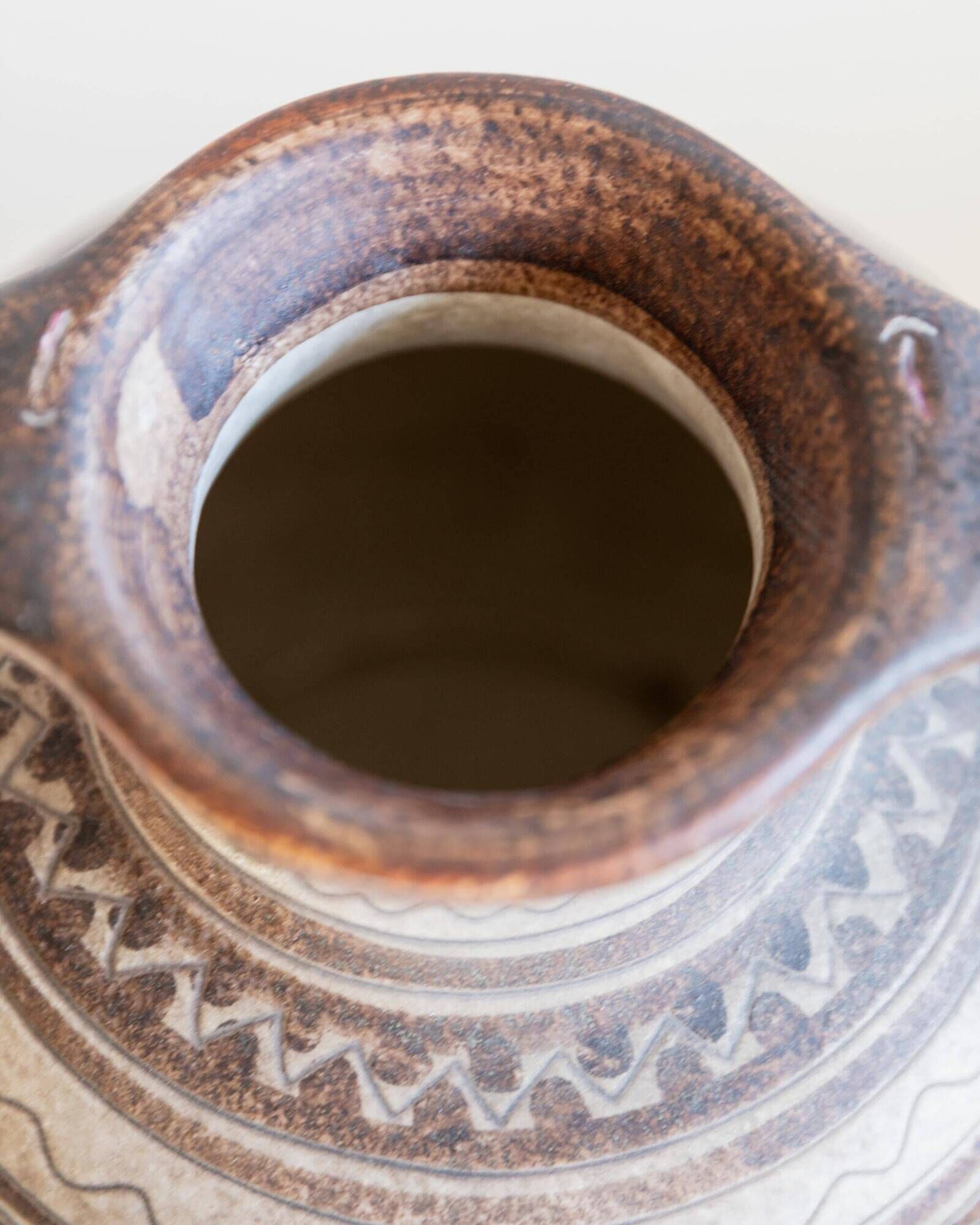 Vintage ceramic vase from the 1960s, hand-painted Italian pottery with two handles, brown tones and decorative pattern by Italica Ars.