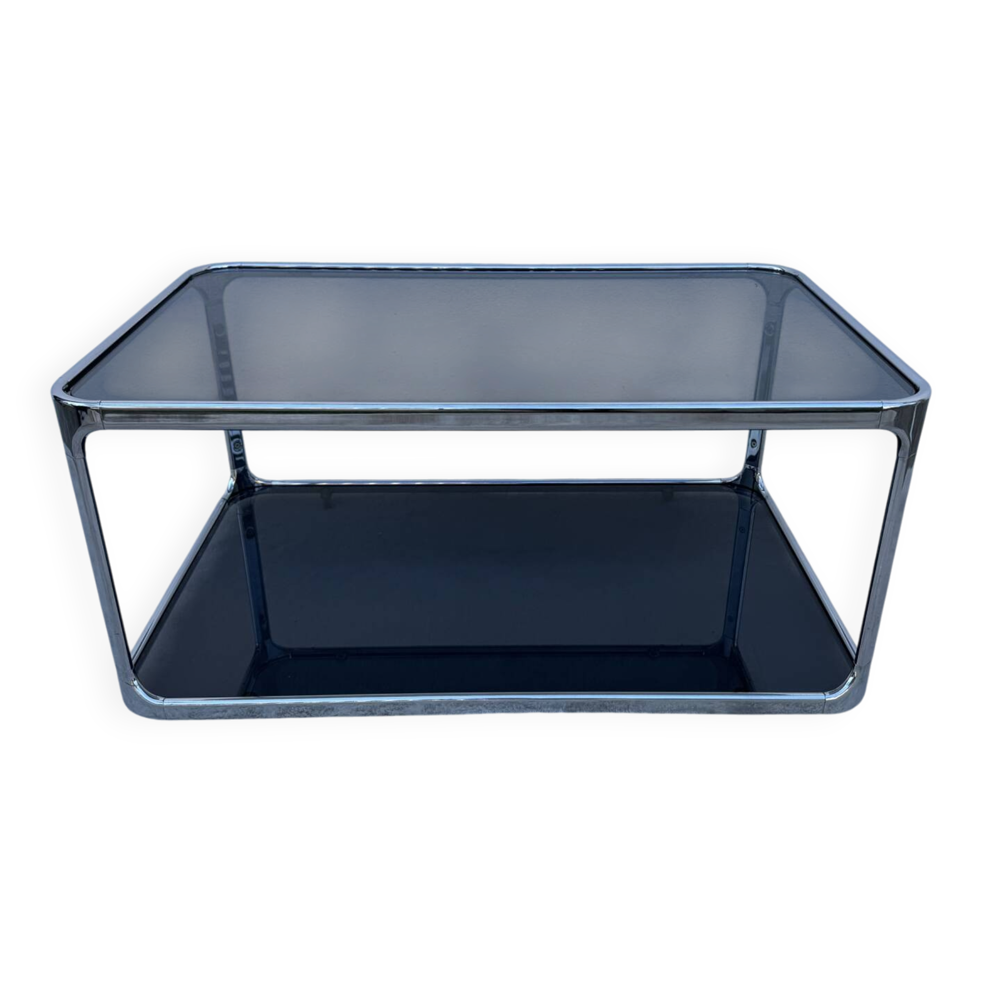 Chrome and smoked glass coffee table from the 1970s.