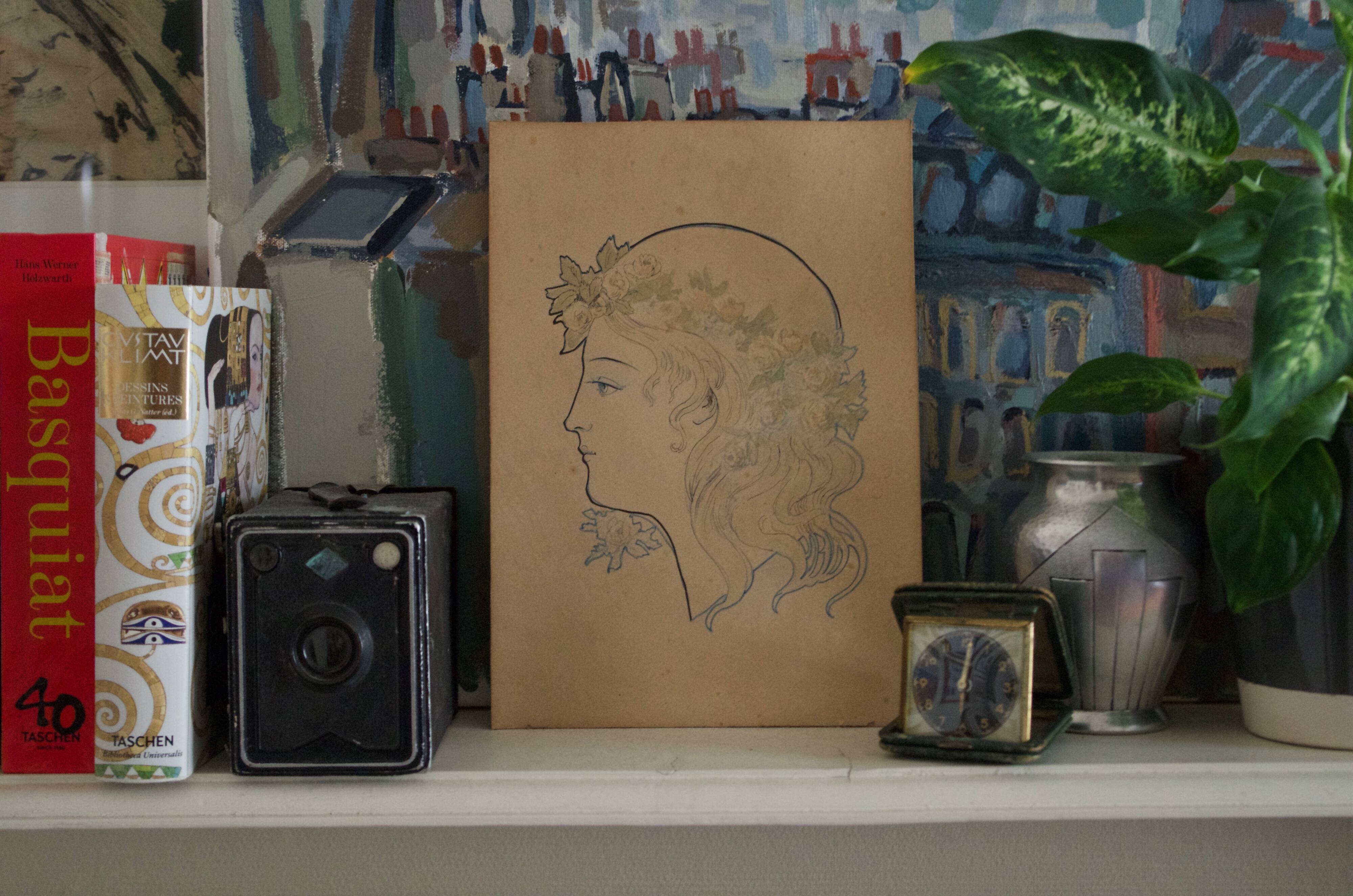 Original old drawing art nouveau portrait of a woman