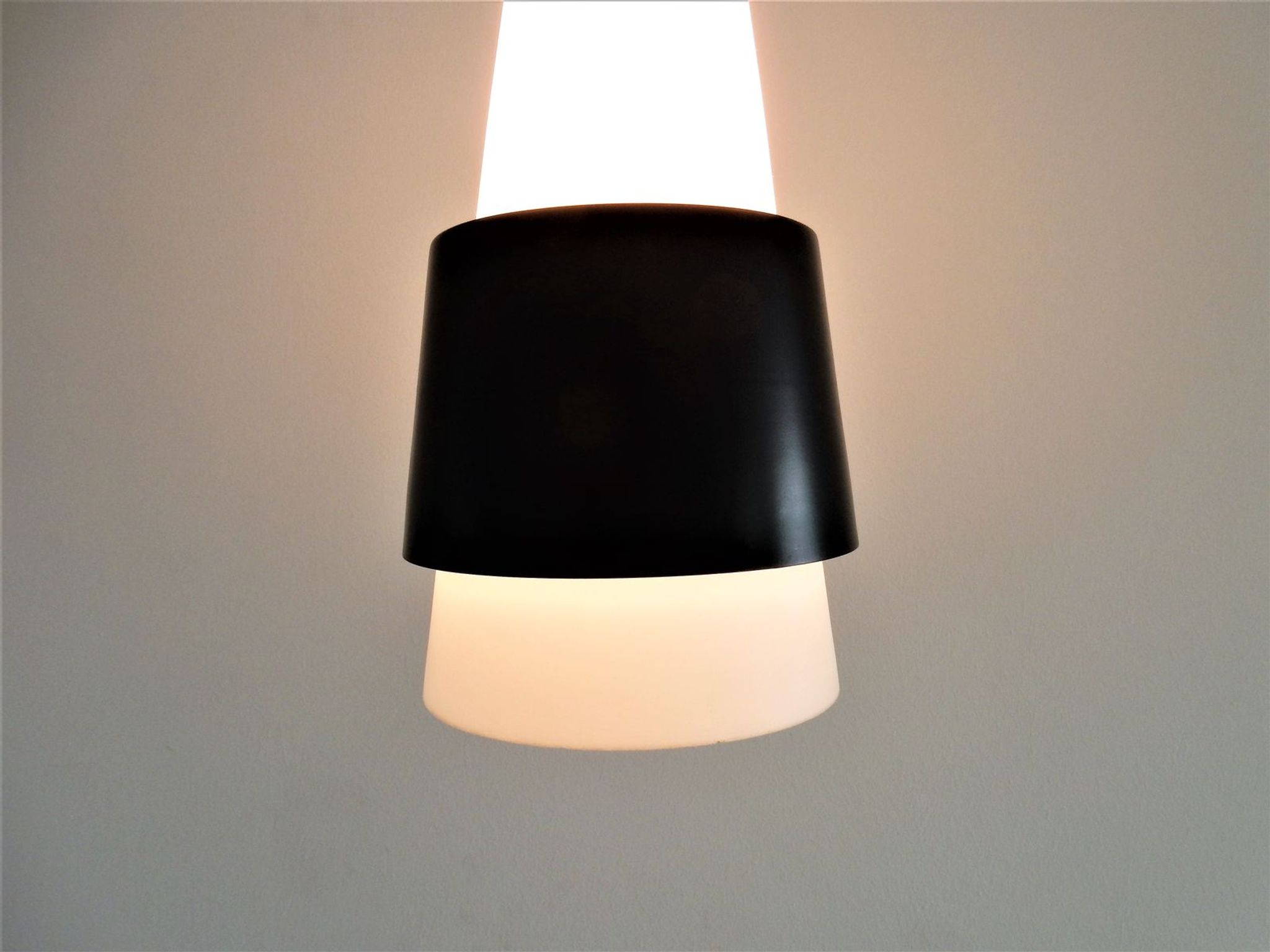 White Opalin Glass Suspension with Black Metal Ring, 1960s