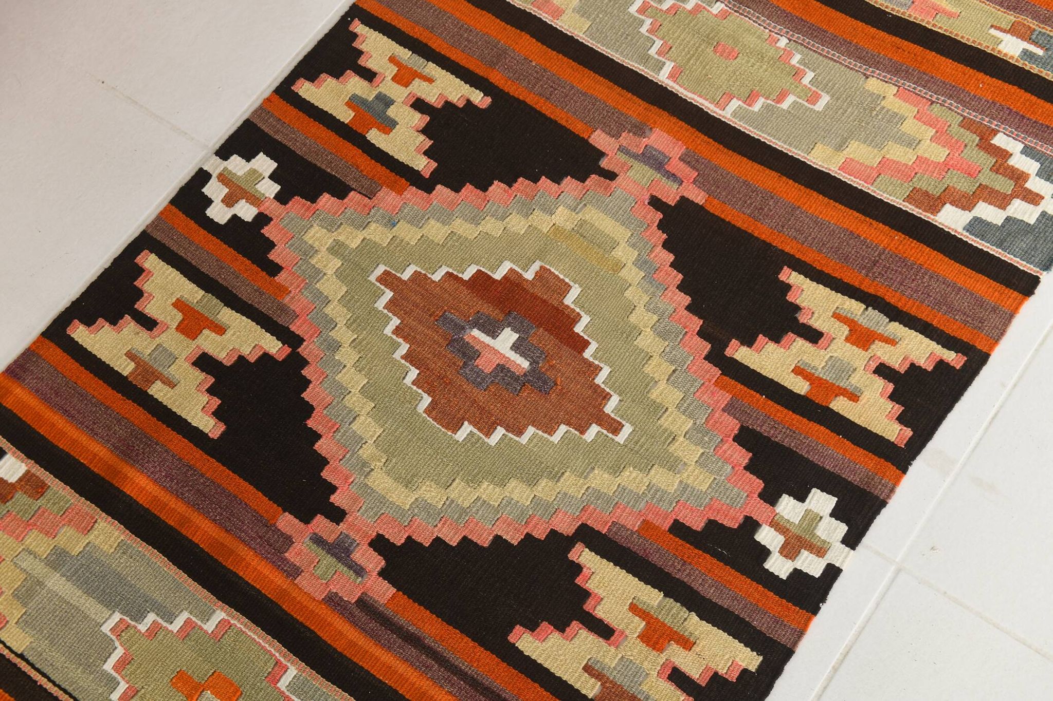 Pink & Brown Turkish Vintage Kilim Runner Rug, 77x387Cm