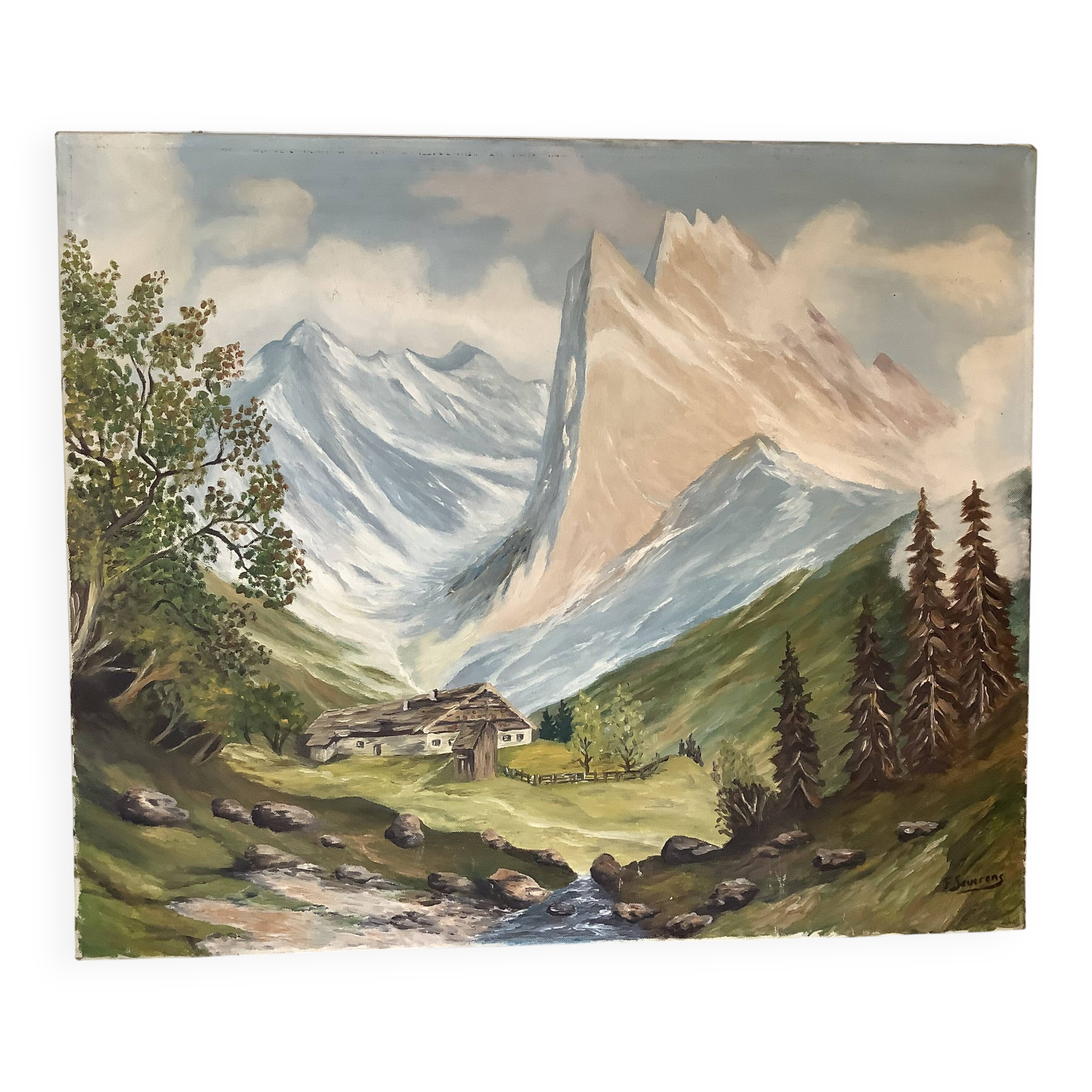 Large mountain landscape painting oil on canvas signed