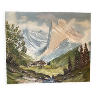 Large mountain landscape painting oil on canvas signed
