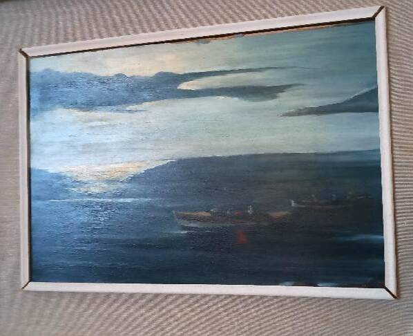 Marine painting oil on panel lake view - 1962