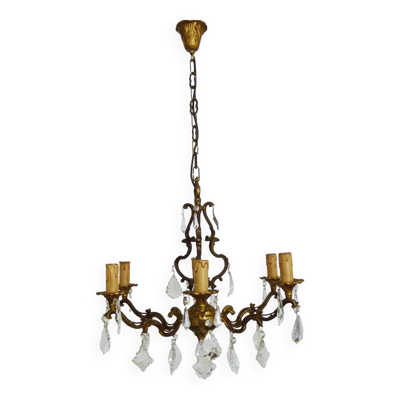 Lustre cage en bronze et pampilles en verre, à 6 feux.