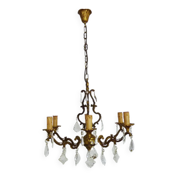 Lustre cage en bronze et pampilles en verre, à 6 feux.