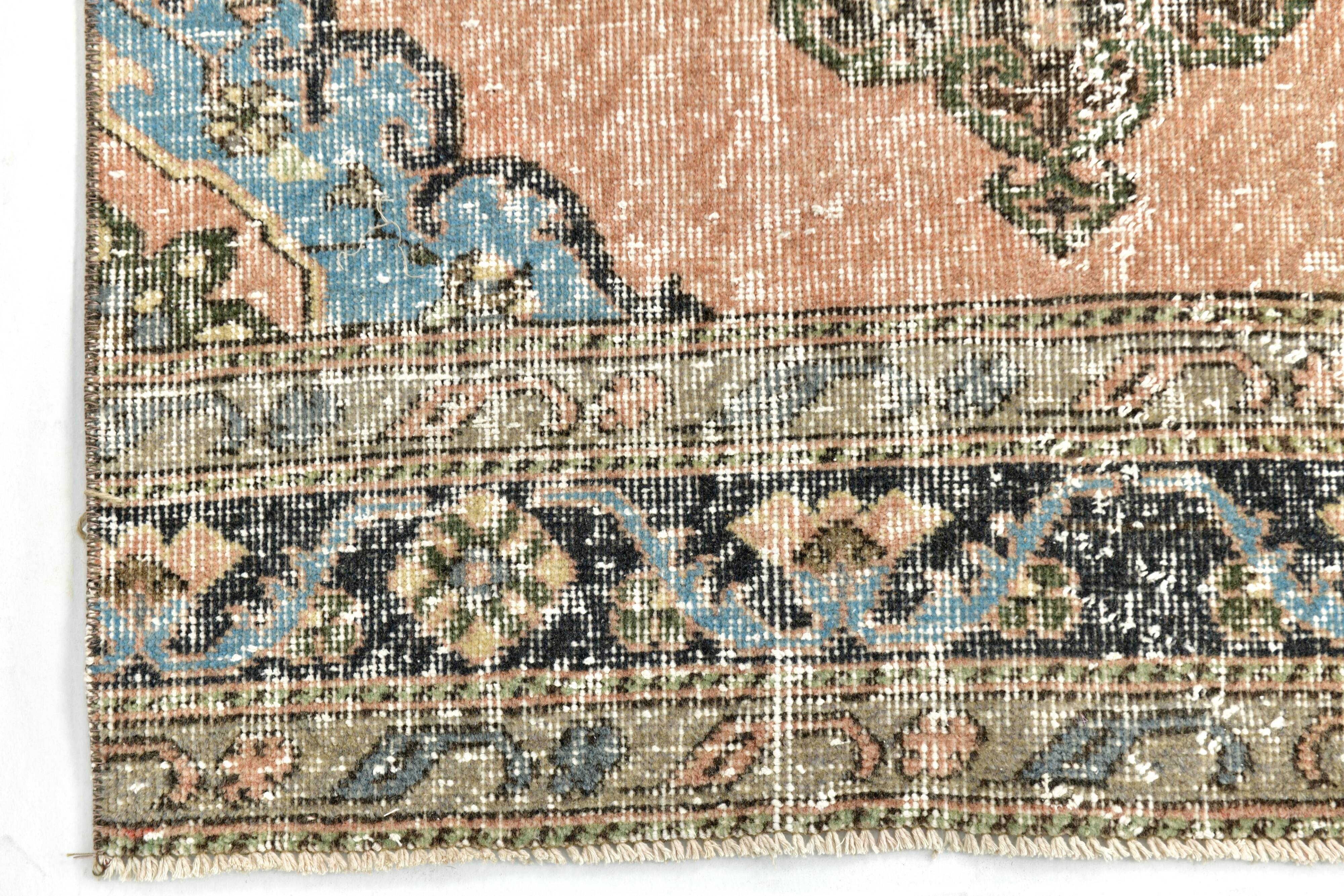 3x12 Salmon & Blue Turkish Vintage Runner Rug, Antique Rugs For Hallway