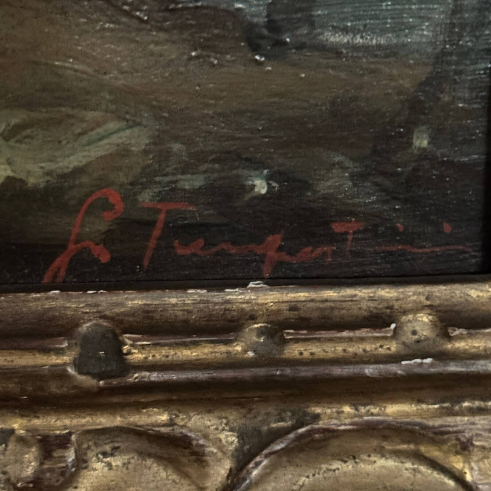 Oil on panel depicting a port from the early 20th century