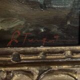 Oil on panel depicting a port from the early 20th century