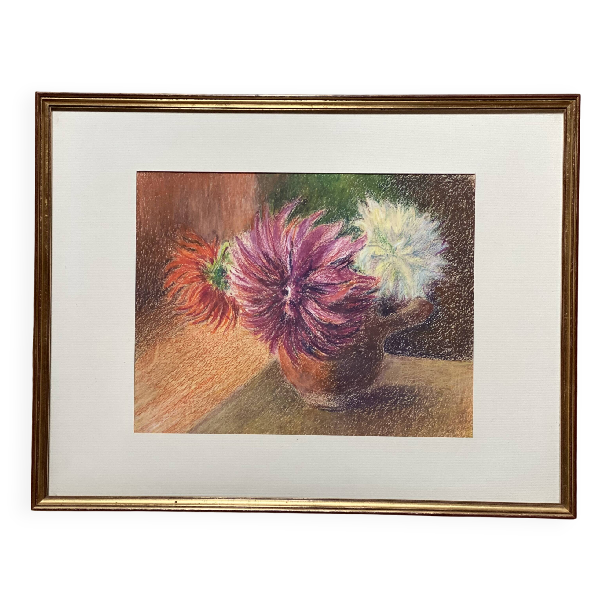 Old pastel painting, bouquet of flowers, still life