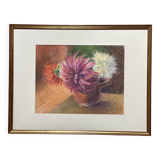 Tableau au pastel ancien, bouquet de fleurs, nature morte