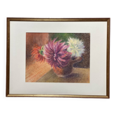 Tableau au pastel ancien, bouquet de fleurs, nature morte