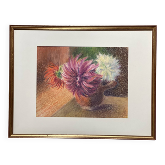 Old pastel painting, bouquet of flowers, still life