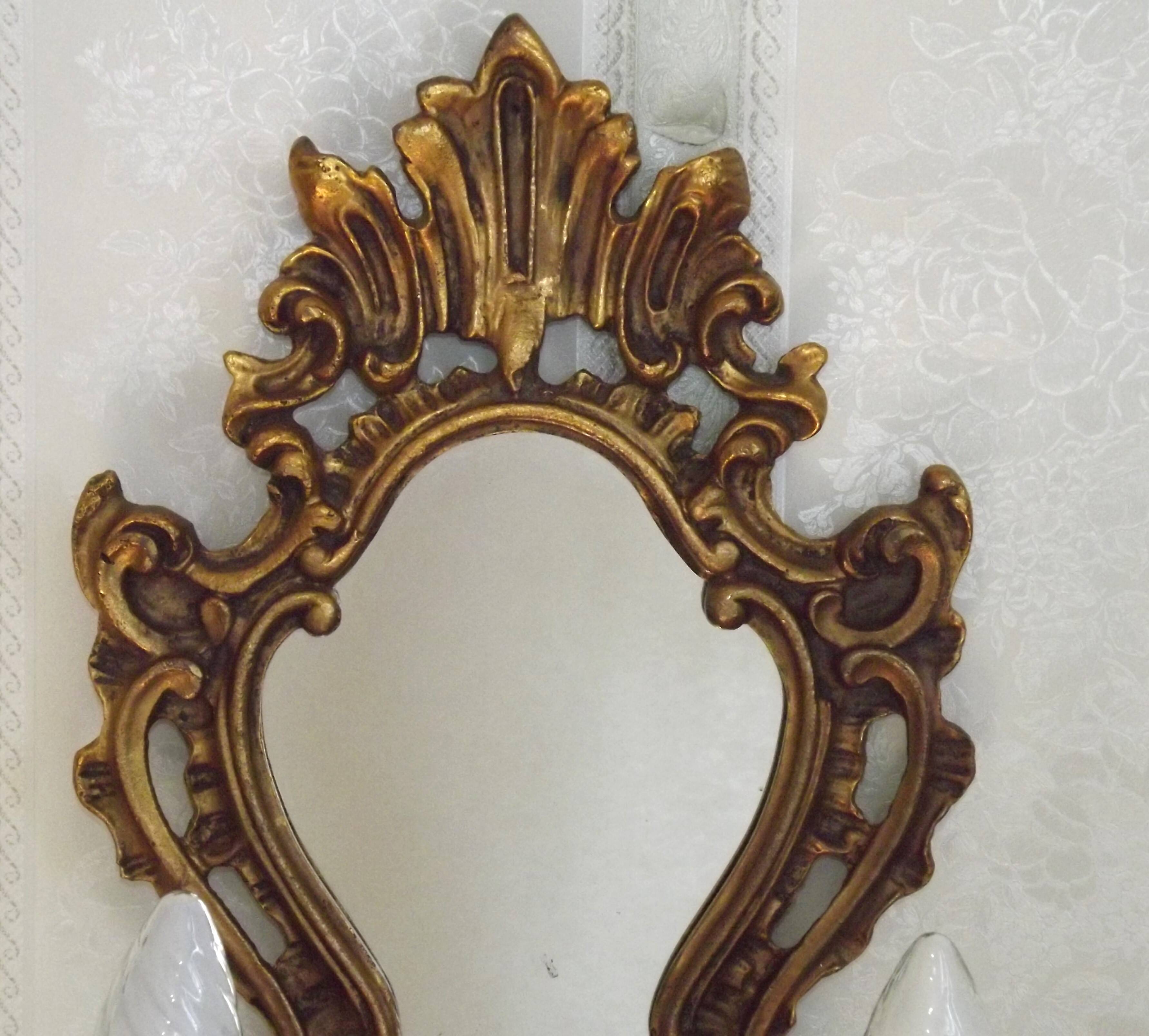 French Antique Gilt Bronze Baroque Double Light Crystal Mirror Wall Sconce 4807