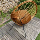 Vintage rattan armchair 50-60 black metal legs