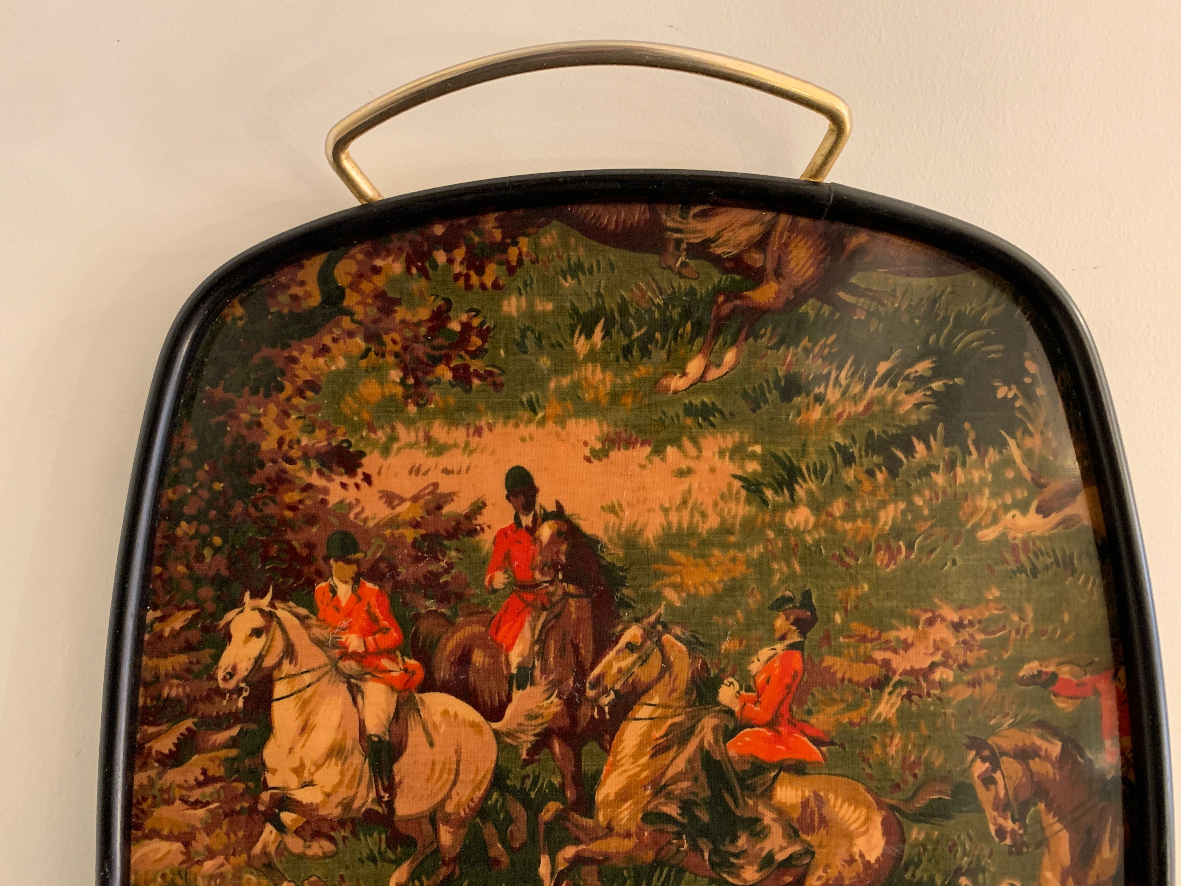 Plateau de service en laiton et formica, chasse à courre anglaise
