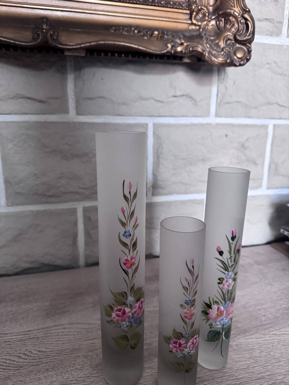 Set of 3 Hand Painted Frosted Glass Vases - Vintage Floral Style