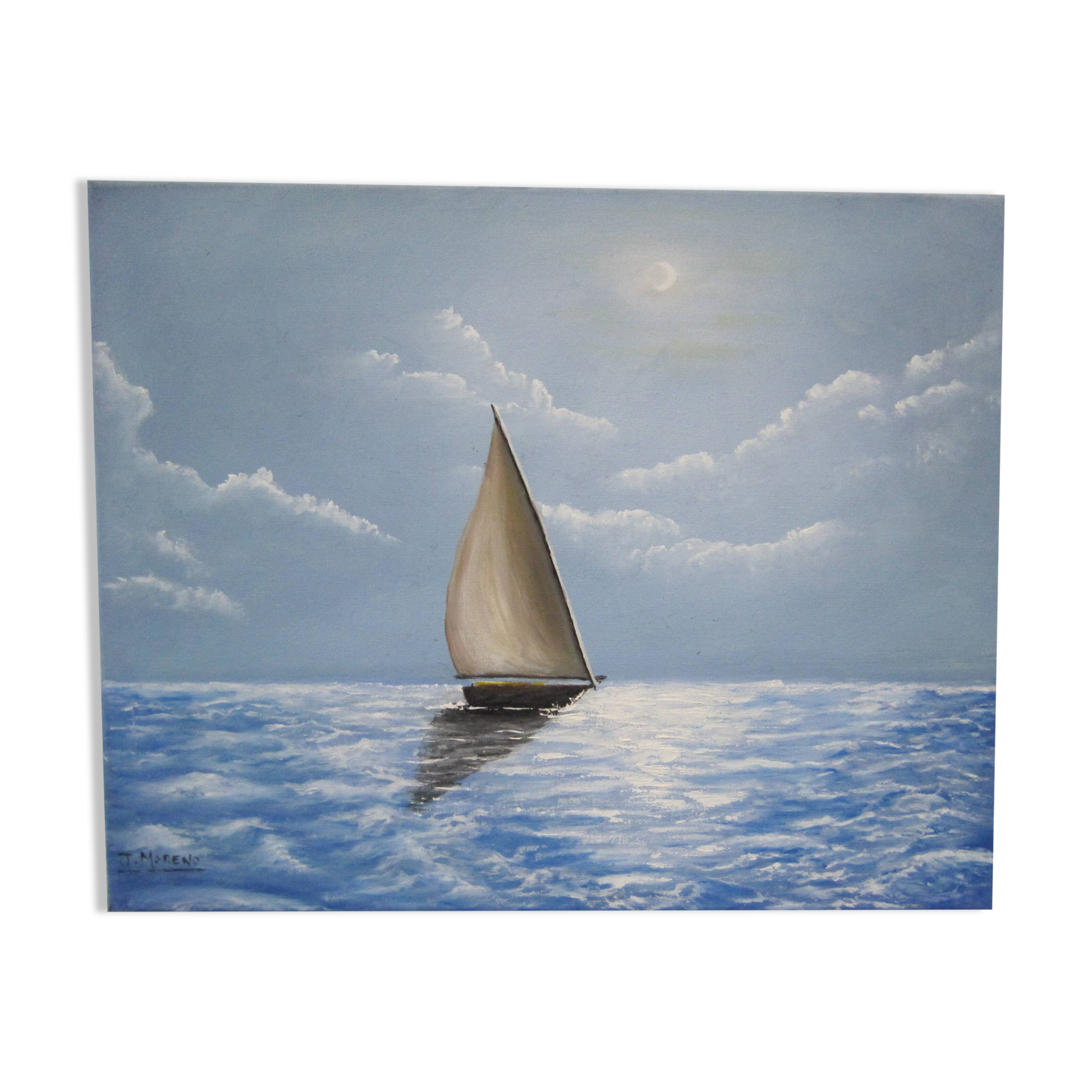 Peinture huile sur toile marine voilier en mer signée Moreno José