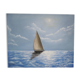 Peinture huile sur toile marine voilier en mer signée Moreno José