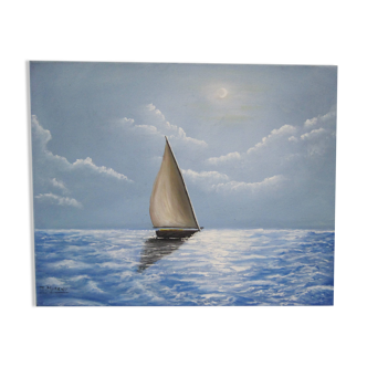 Oil painting on canvas marine sailboat at sea signed Moreno José