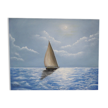 Oil painting on canvas marine sailboat at sea signed Moreno José