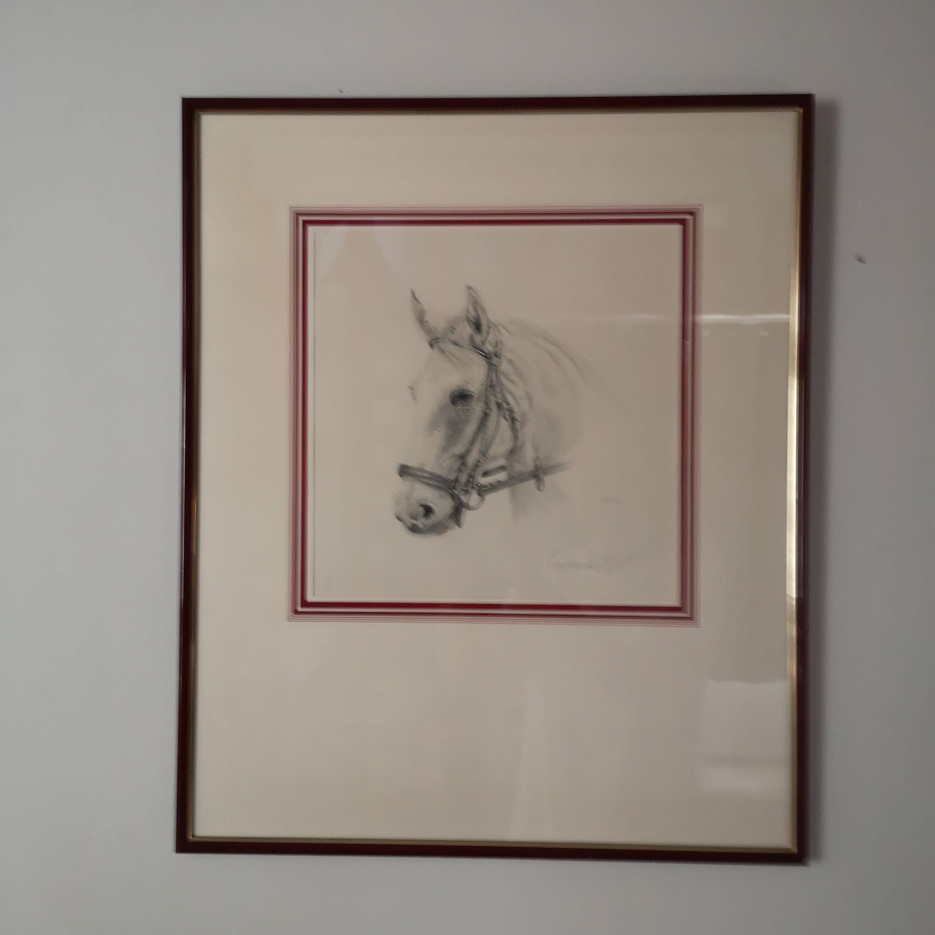 Pencil wash drawing on vellum horse painting signature to identify framed signed and dated