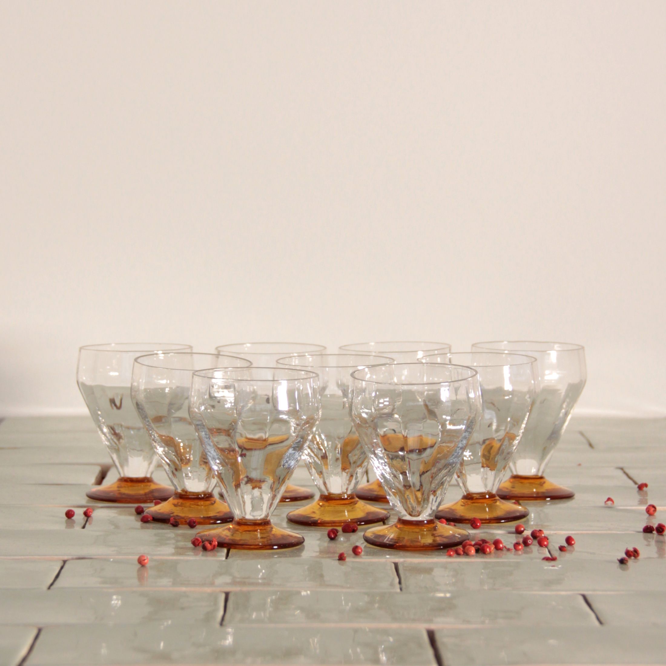 Set of 9 antique art deco wine glasses vintage amber foot