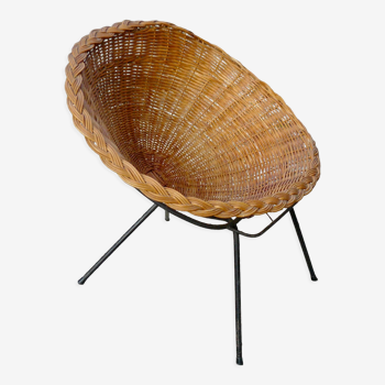 Rattan and metal basket armchair design 1950