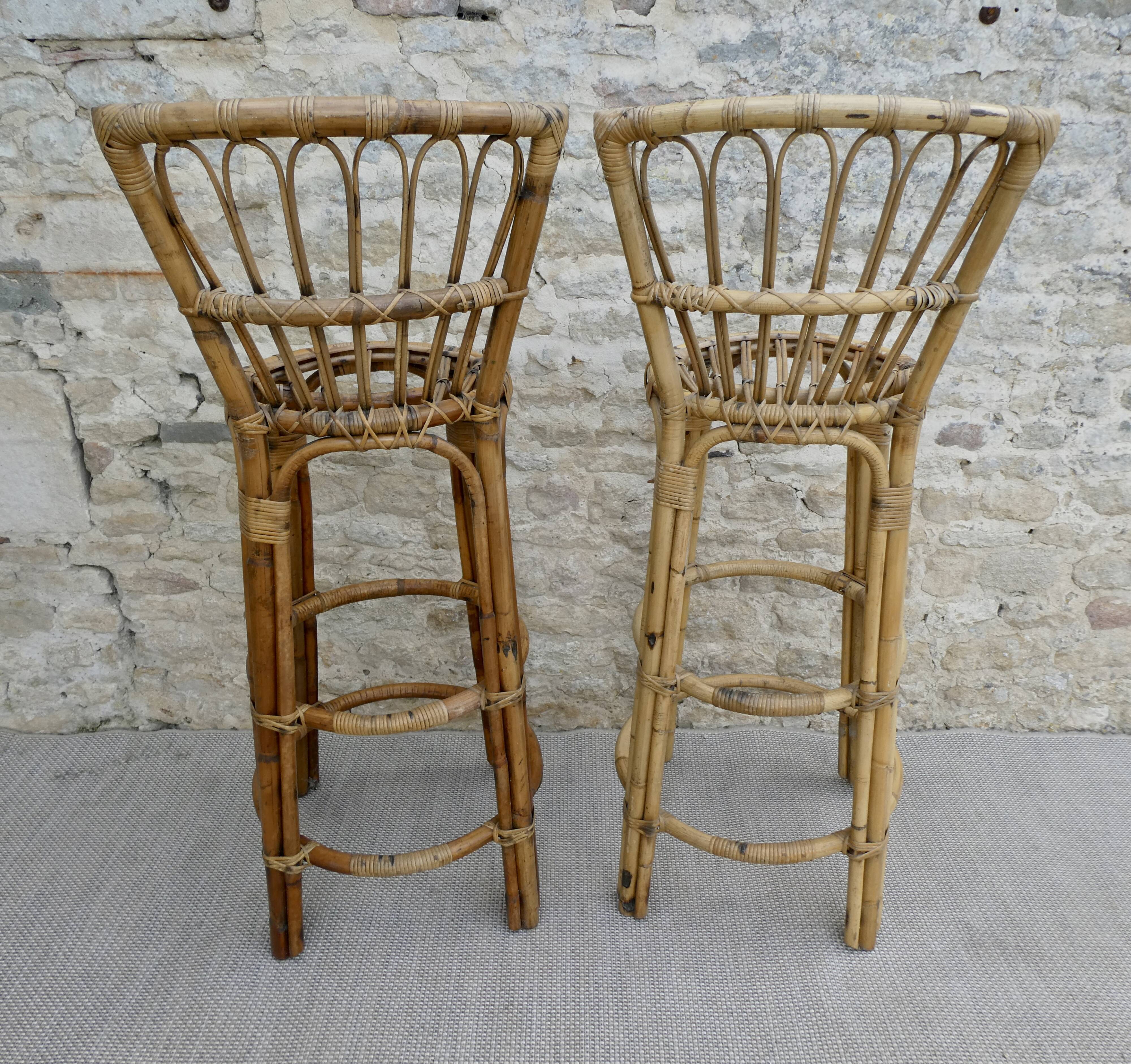 Pair of high stools, bar, rattan with back