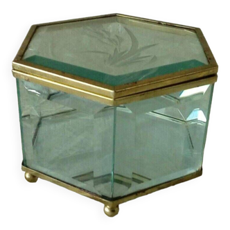 Coffret a bijoux en verre bisaute hexagone decor grave